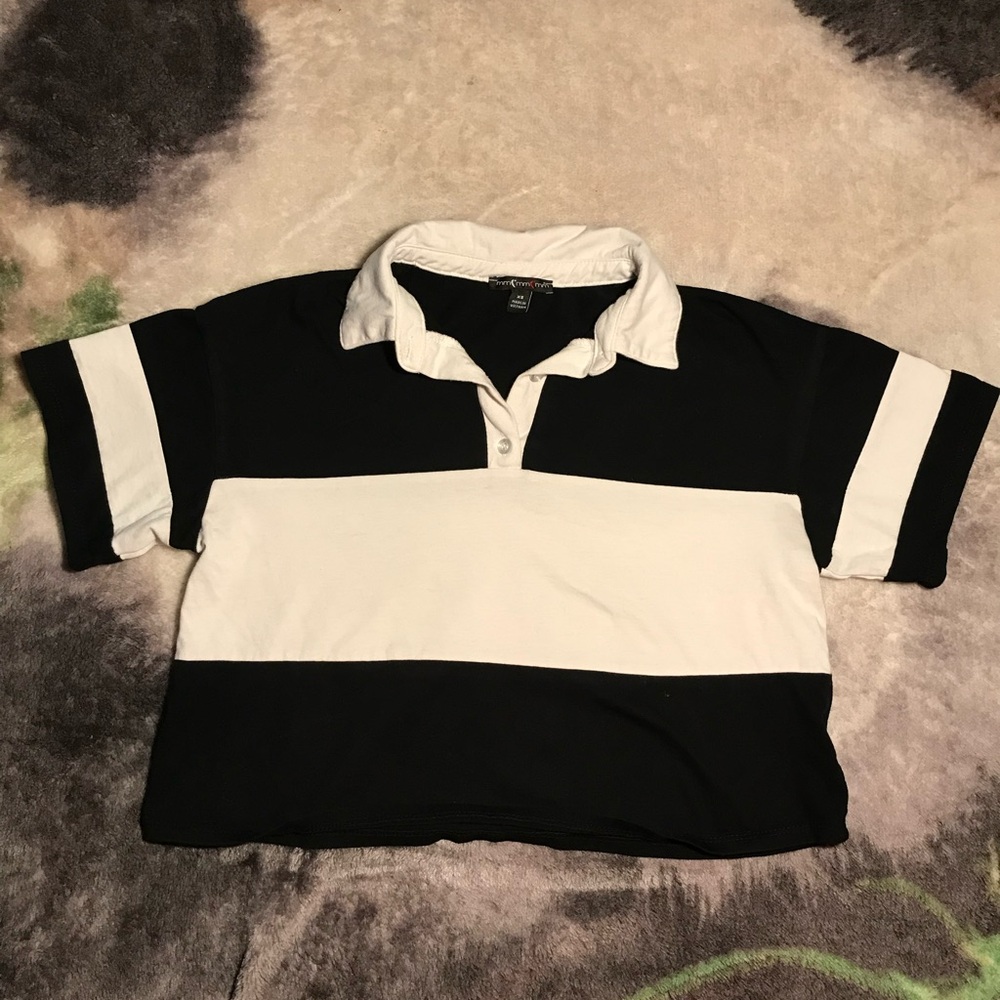 Women's Black and White Striped Cropped Polo Shirt